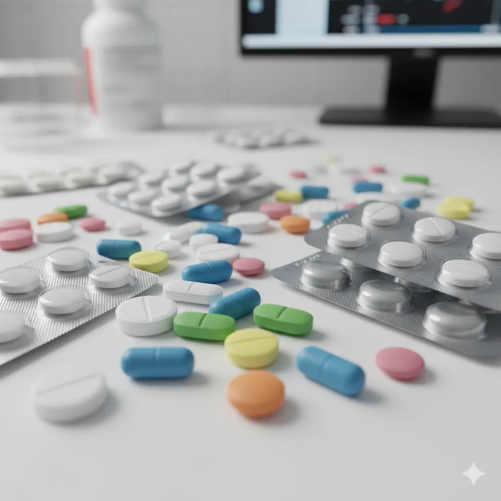 Assorted pharmaceutical pills and blister packs