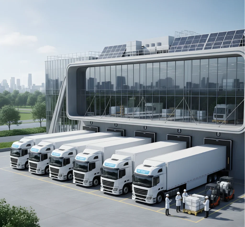 Modern healthcare supply chain concept with cold storage trucks