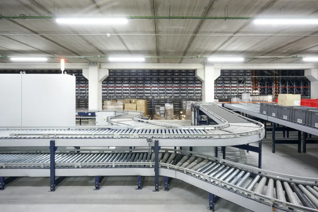 Modern pharmaceutical warehouse interior with automated storage systems and temperature-controlled zones