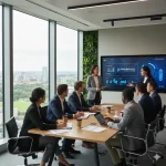 Pharmaceutical company team meeting in modern office