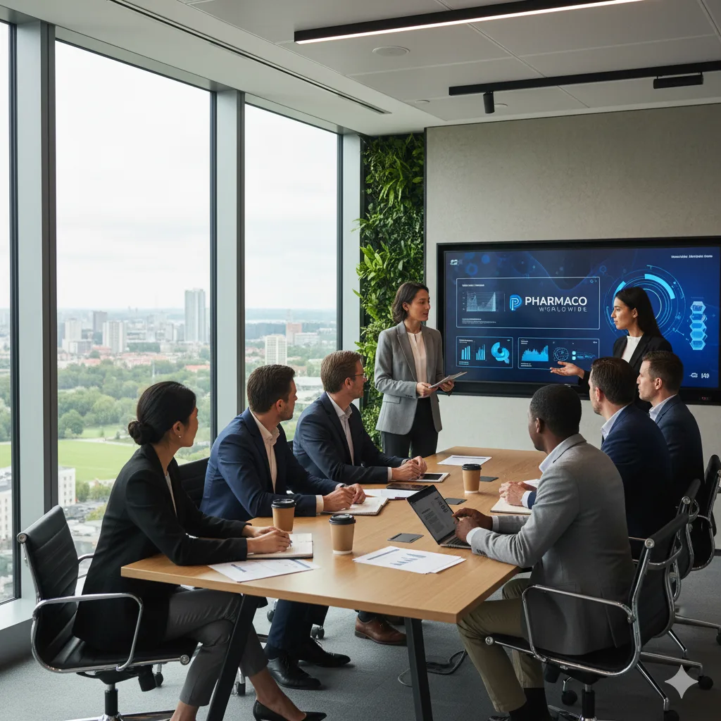Pharmaceutical company team meeting in modern office