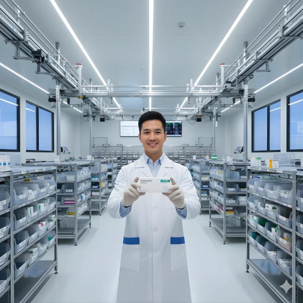 Pharmacist holding medicine box in clean distribution center