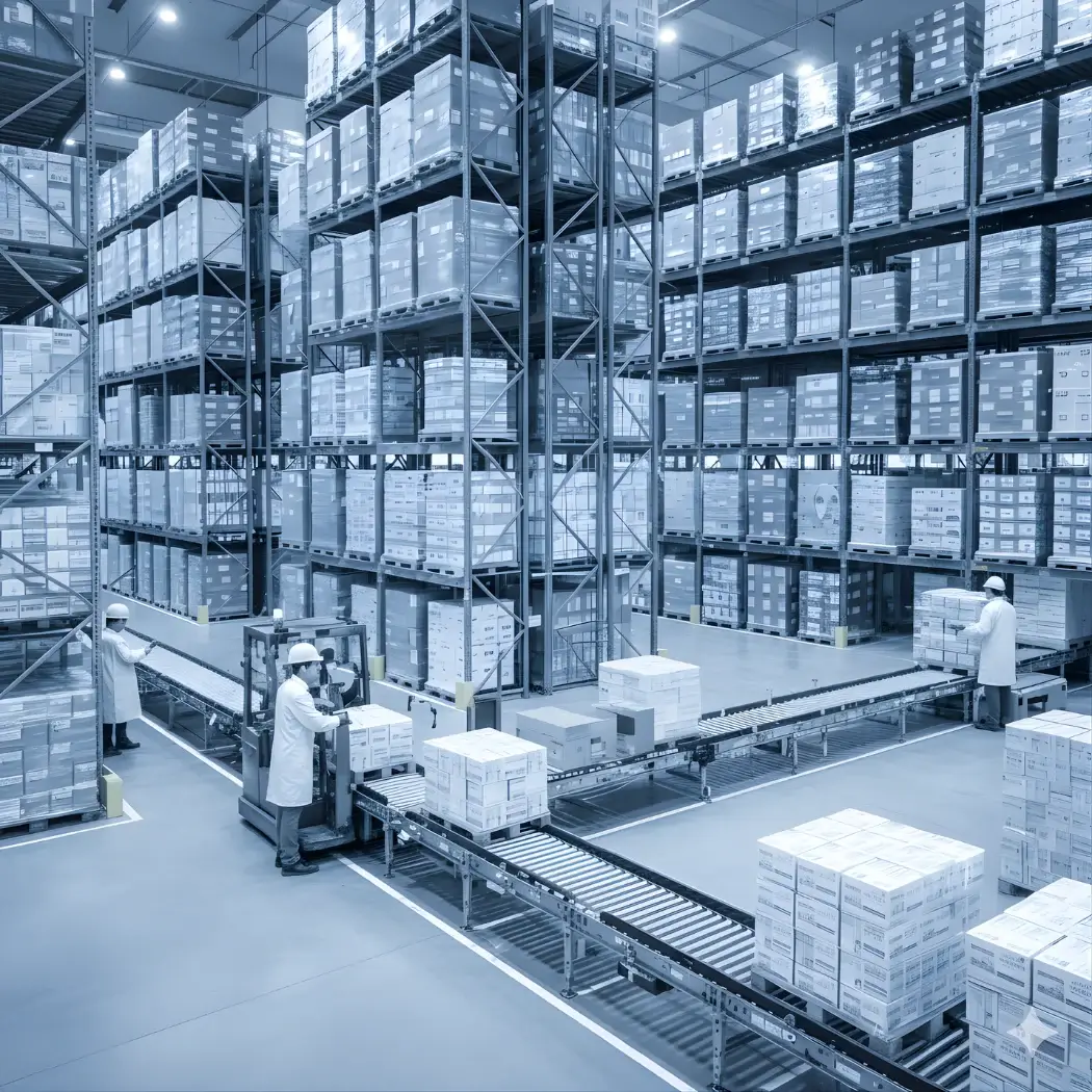 gudang farmasi modern dengan palet obat