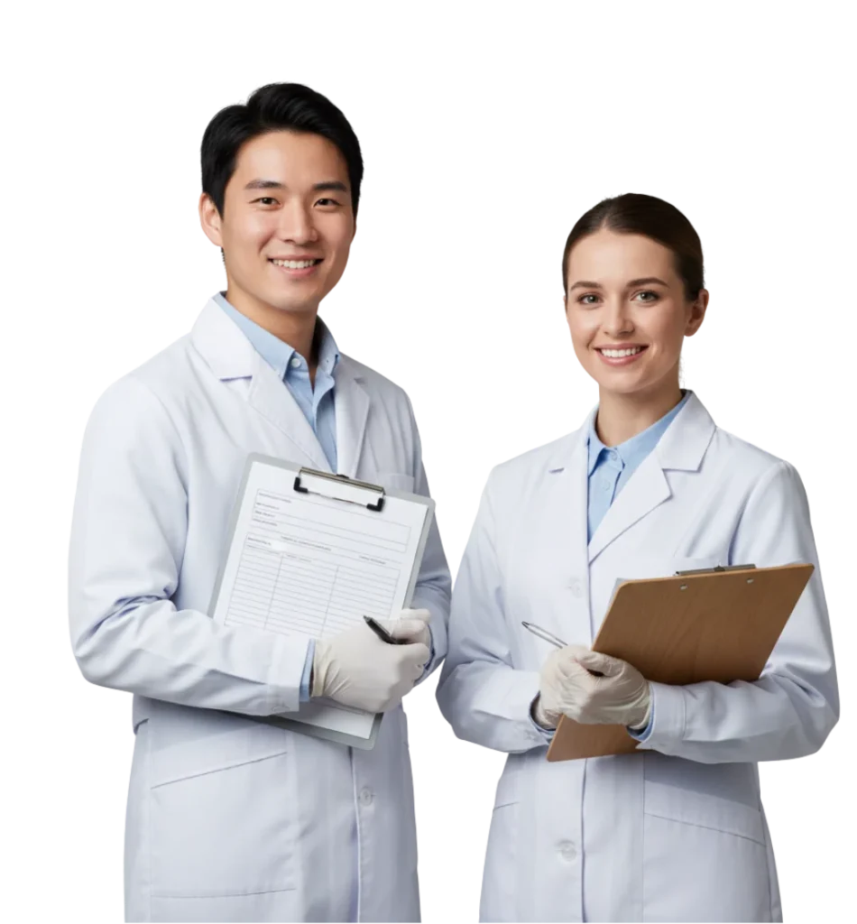 two lab workers holding writing pads